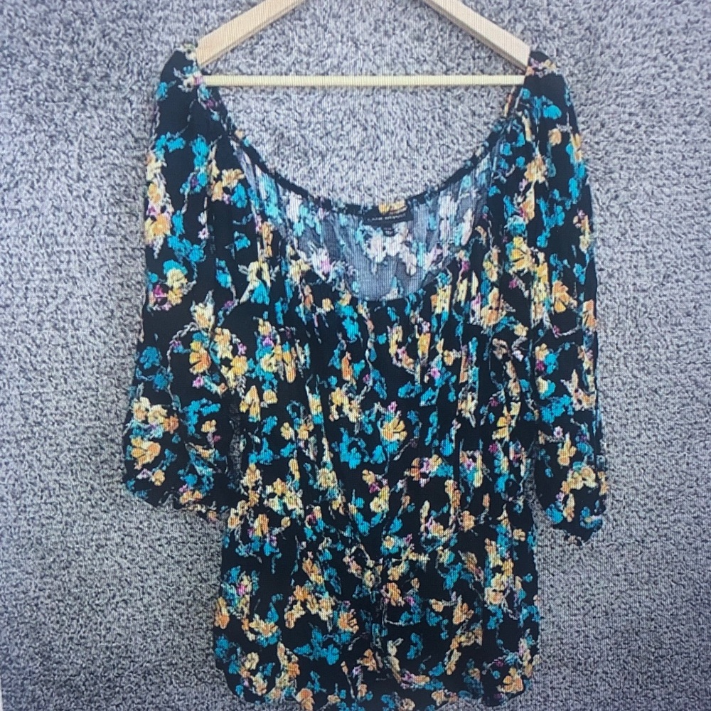 Women’s Floral Scoop Neck Blouse - Black with Teal & Mustard Flowers